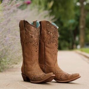 CORRAL HONEY FANGO/BRONZE GLITTER SNIP TOE tall BOOTS SIZE 7 2687 Stud Lazer